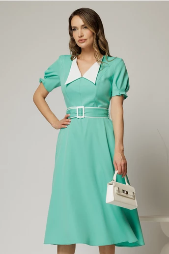 Rochie midi verde turcoaz cu guler alb in contrast si cordon cu insertii