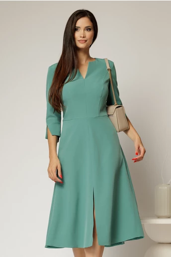 Rochie midi verde turcoaz de zi cu decolteu V si croi clos
