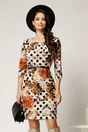 Rochie Mirela bej cu flori maro si curea in talie, 1, dyfashion.ro