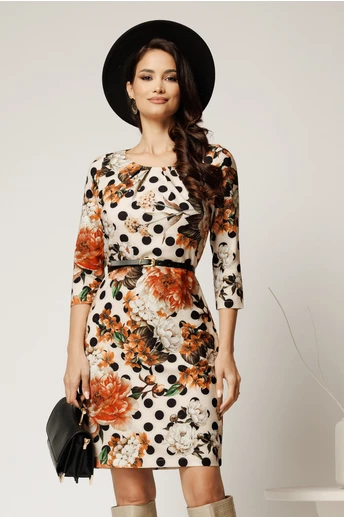 Rochie Mirela bej cu flori maro si curea in talie