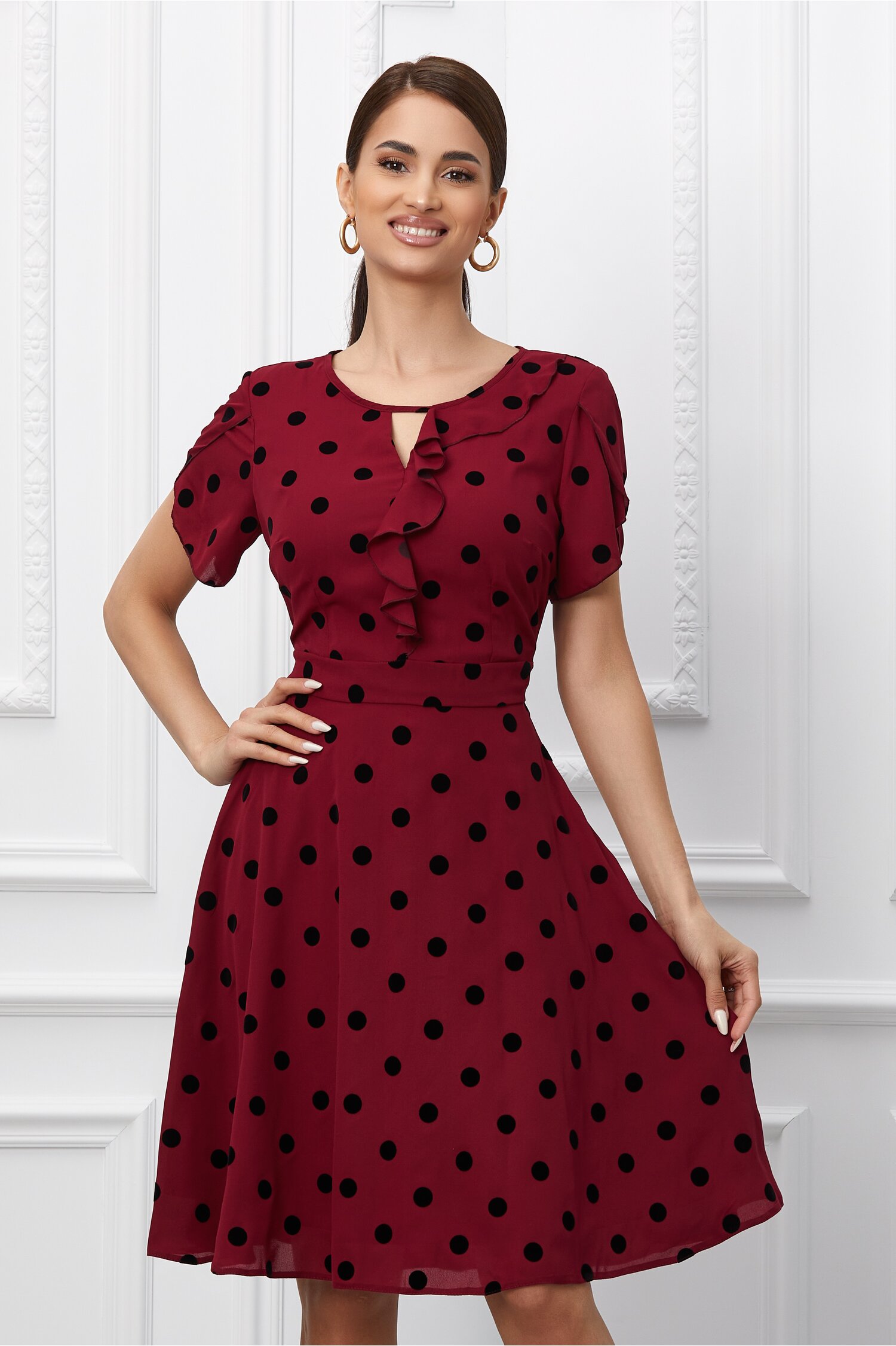 Rochie Miriam bordo cu buline negre catifelate 2023 ❤️ Pret Super dyfashion imagine noua 2022