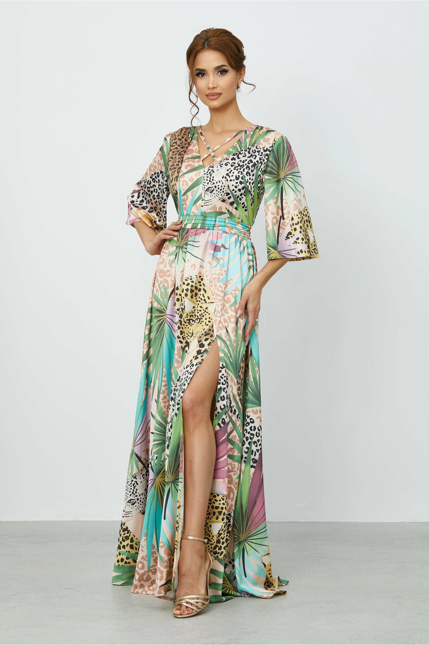 Rochie moze bej cu imprimeu exotic verde