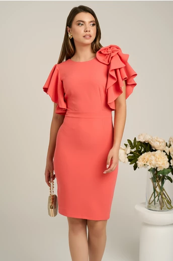 Rochie Moze corai cu volanase si trandafir la bust