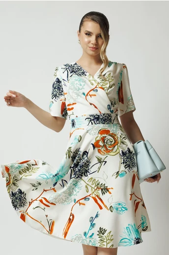 Rochie Moze de zi din stofa alba cu imprimeuri florale turcoaz