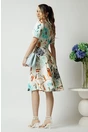 Rochie Moze de zi din stofa alba cu imprimeuri florale turcoaz