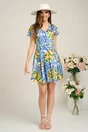 Rochie Moze din satin cu imprimeuri albastre