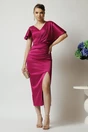 Rochie Moze eleganta din satin magenta cu fronseu si crepeu pe fusta