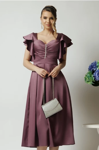 Rochie Moze eleganta din satin mov cu accesoriu la bust
