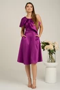Rochie Moze eleganta din satin mov cu funda la bust si bretea cu perle
