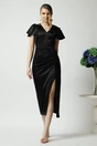 Rochie Moze eleganta din satin neagra cu perlute la umeri