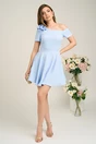 Rochie Moze eleganta din stofa bleu cu floare pe bust si umar gol