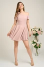 Rochie Moze eleganta din stofa roz cu floare pe bust si umar gol