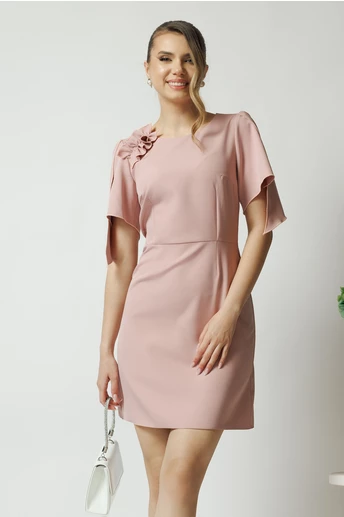 Rochie Moze eleganta din stofa roz prafuit cu incretitura pe umar