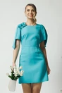 Rochie Moze eleganta din stofa turcoaz cu incretitura pe umar