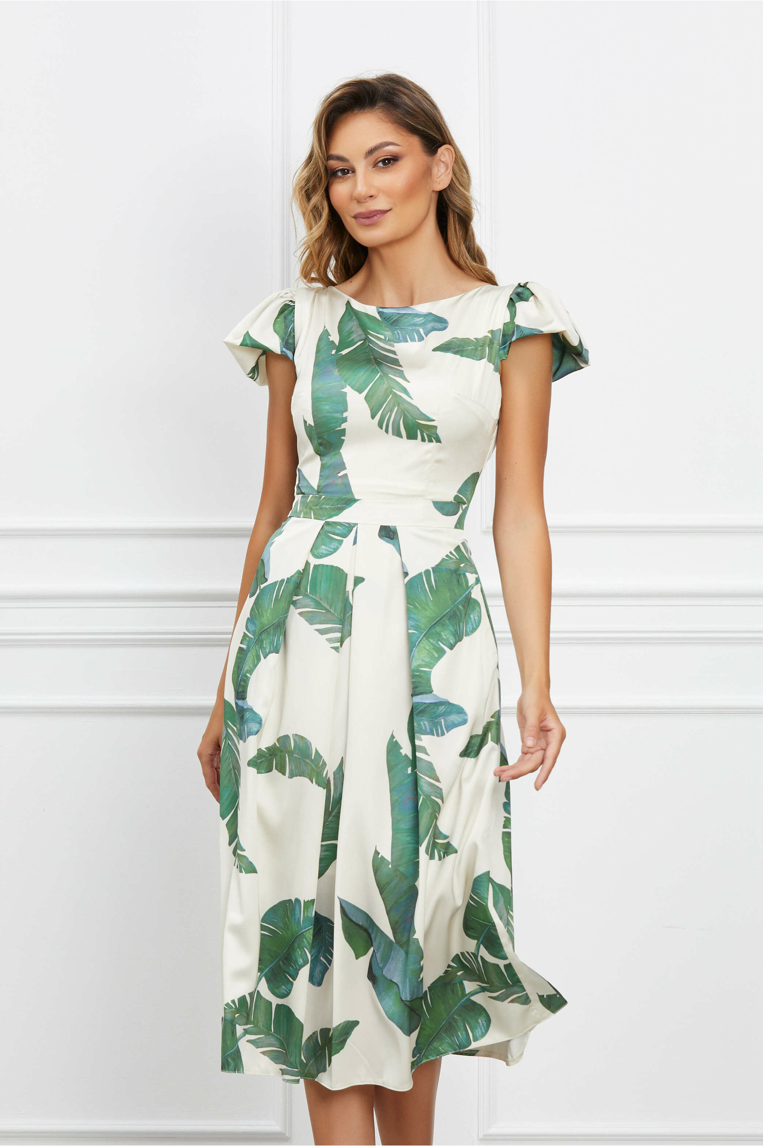 Rochie Moze ivory cu imprimeu exotic verde