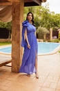 Rochie lunga din voal albastra cu floare maxi pe umar- Moze, 5, dyfashion.ro