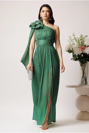 Rochie Moze lunga din voal verde cu floare maxi pe umar