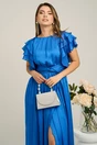 Rochie Moze lunga eleganta din voal albastra cu volanase la maneci