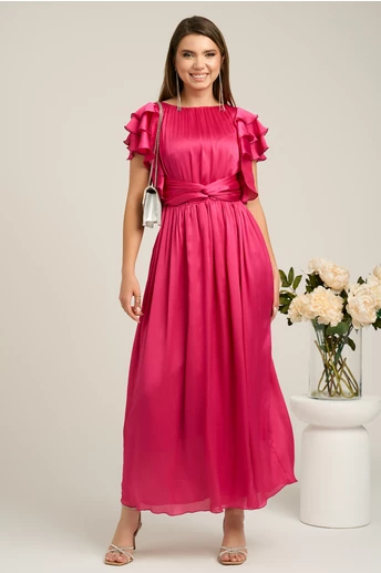 Rochie Moze lunga eleganta din voal fucsia cu volanase la maneci