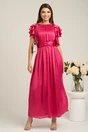 Rochie Moze lunga eleganta din voal fucsia cu volanase la maneci- Moze, 1, dyfashion.ro