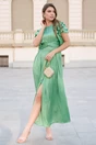 Rochie Moze lunga eleganta din voal verde fistic cu volanase la maneci