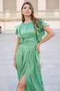 Rochie Moze lunga eleganta din voal verde fistic cu volanase la maneci