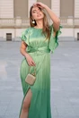 Rochie Moze lunga eleganta din voal verde fistic cu volanase la maneci