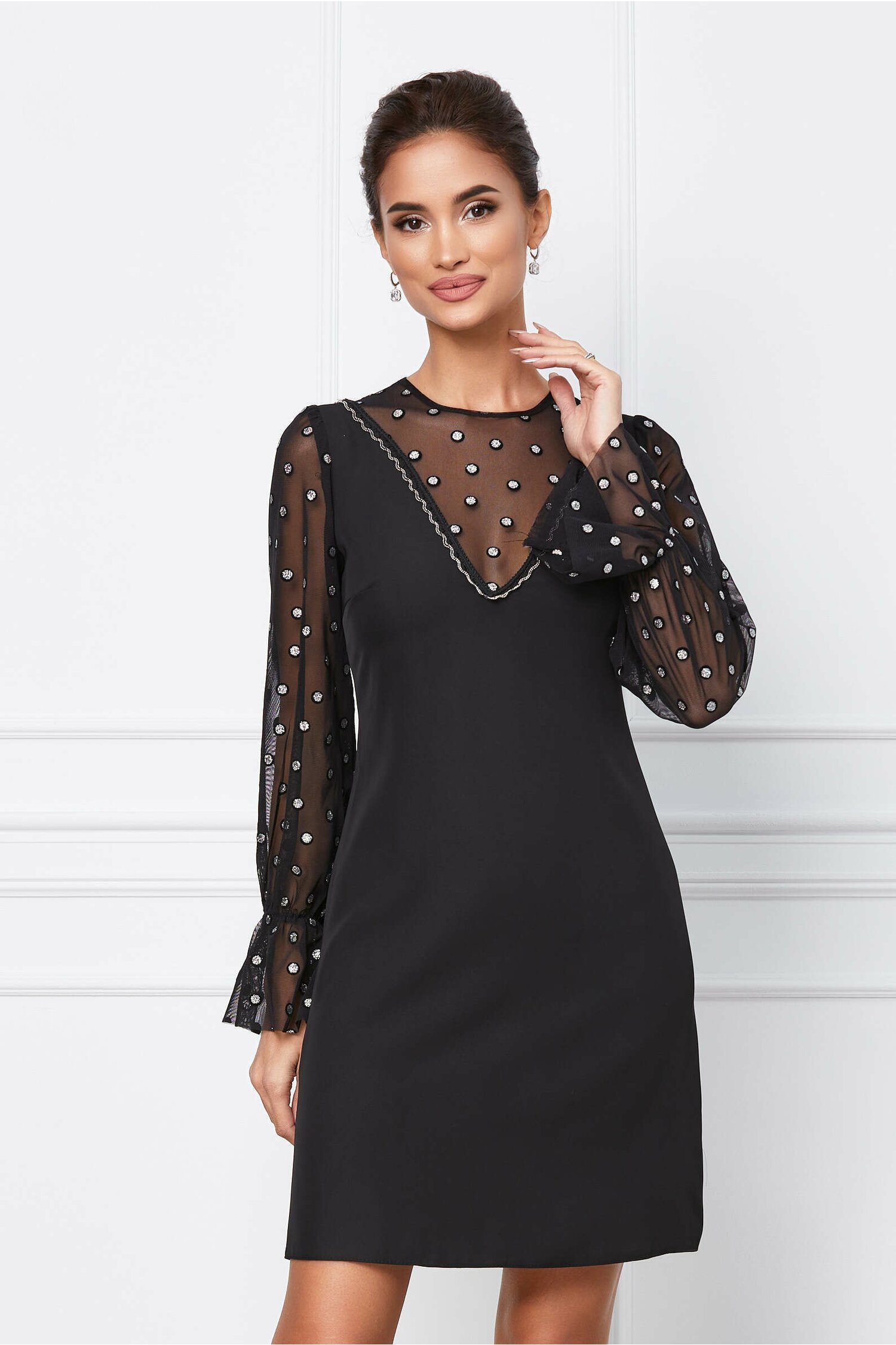 Rochie neagra cu buline din glitter - Rochii-Dama.ro