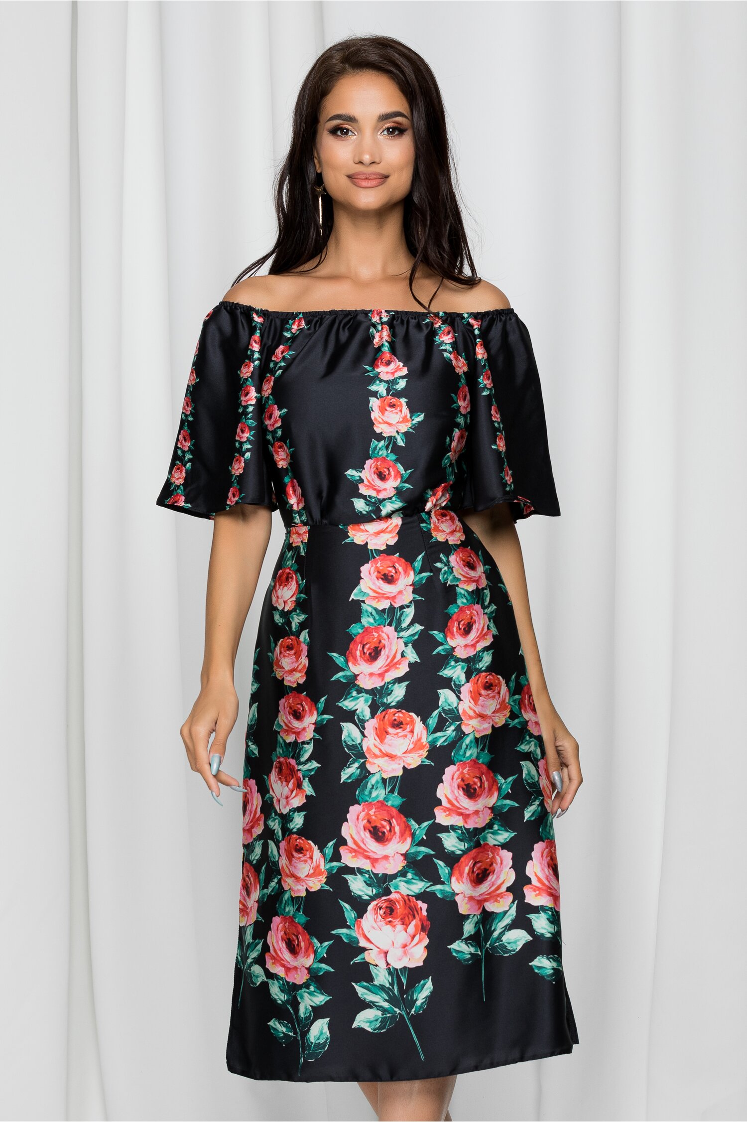 Rochie Moze neagra cu umerii goi si imprimeu trandafiri 2023 ❤️ Pret Super dyfashion imagine noua 2022