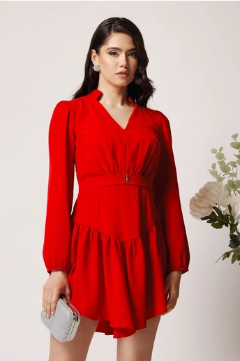 Rochie Moze scurta eleganta din triplu voal rosie cu volan pe fusta