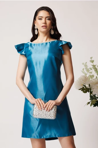 Rochie Moze turcoaz din organza cu perle la decolteu