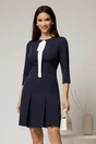 Rochie bleumarin din stofa cu esarfa alba la decolteu, 1, dyfashion.ro