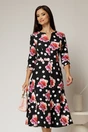 Rochie neagra cu imprimeu floral rosu si buline albe, 1, dyfashion.ro