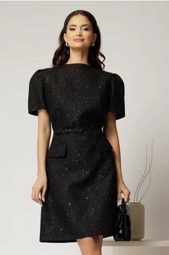 Rochie neagra din tweed cu insertii paiete