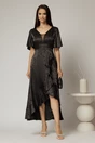 Rochie neagra lunga din satin in clos cu volan si crapatura pe fusta, 1, dyfashion.ro