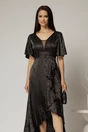 Rochie neagra lunga din satin in clos cu volan si crapatura pe fusta, 3, dyfashion.ro