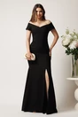 Rochie neagra lunga din stofa cu decolteu barcuta si crapatura pe picior- LaDonna, 1, dyfashion.ro