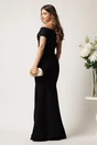 Rochie neagra lunga din stofa cu decolteu barcuta si crapatura pe picior- LaDonna, 2, dyfashion.ro