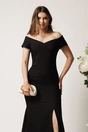 Rochie neagra lunga din stofa cu decolteu barcuta si crapatura pe picior- LaDonna, 3, dyfashion.ro