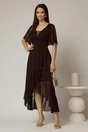 Rochie neagra lunga din voal cu buline corai in clos cu volan si crapatura pe fusta, 1, dyfashion.ro