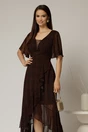 Rochie neagra lunga din voal cu buline corai in clos cu volan si crapatura pe fusta, 3, dyfashion.ro