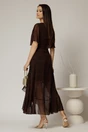 Rochie neagra lunga din voal cu buline corai in clos cu volan si crapatura pe fusta, 2, dyfashion.ro