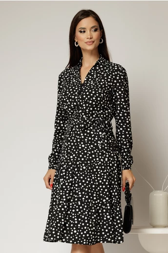 Rochie neagra midi din viscoza si imprimeu cu buline