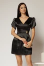 Rochie neagra scurta din tafta cu accesoriu auriu in talie, 1, dyfashion.ro