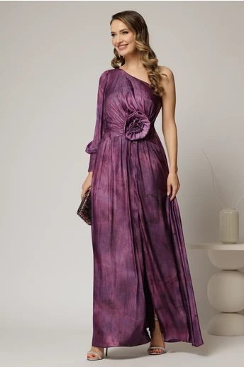 Rochie Noa lunga de ocazie mov din satin cu floare maxi pe talie