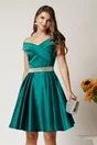 Rochie Nova scurta turcoaz din tafta in clos cu strasuri in talie, 1, dyfashion.ro
