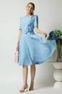 Rochie office din stofa bleu cu floare maxi pe talie