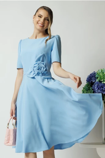 Rochie office din stofa bleu cu floare maxi pe talie
