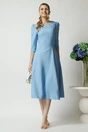 Rochie office din stofa bleu cu flori la bust