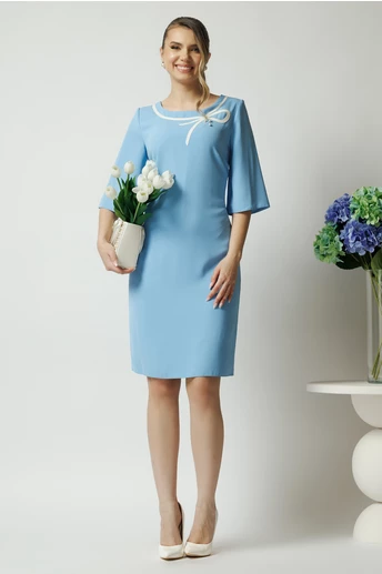 Rochie office din stofa bleu cu funda alba pe bust